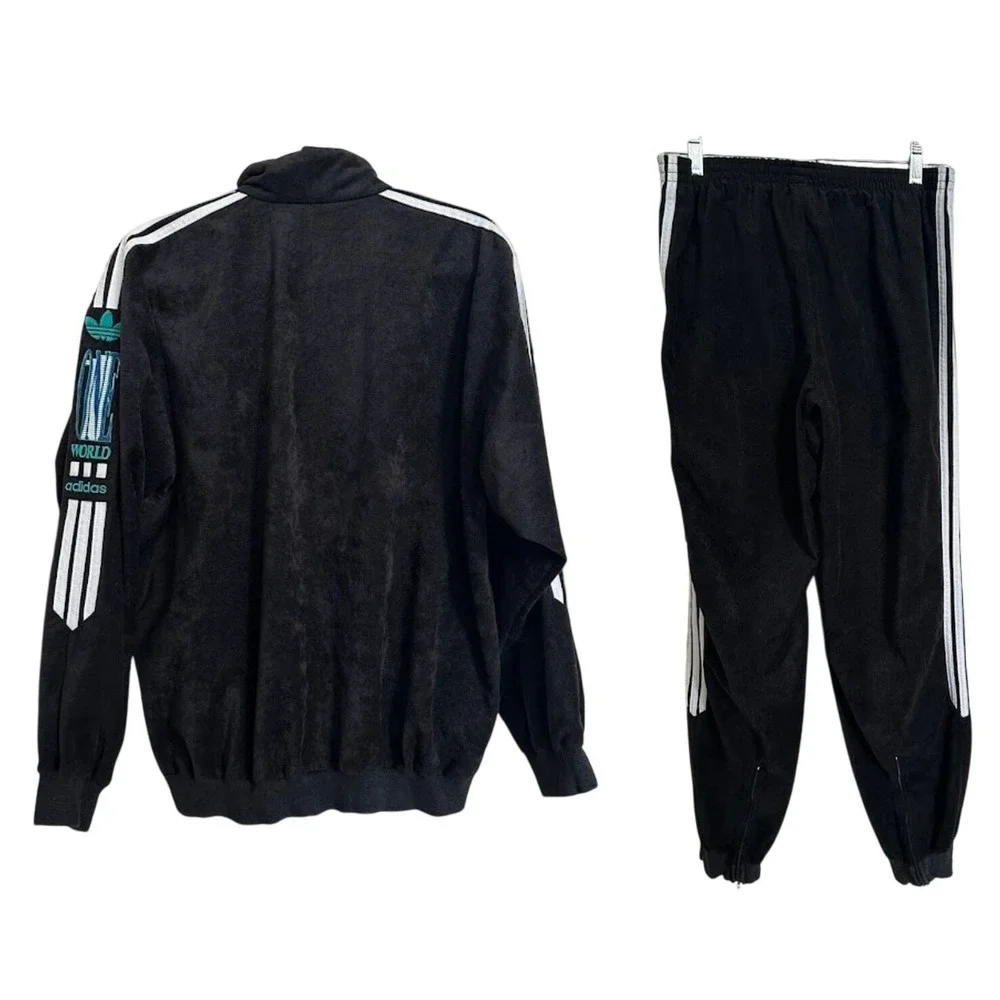 Vintage 90s Adidas Trefoil Triacetate Tracksuit Set Jacket Pants Black Teal‎ M/L